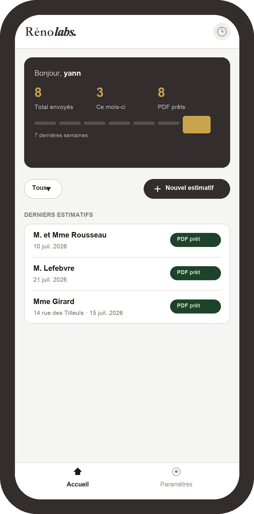 Aperçu de l'application Réno labs. sur mobile